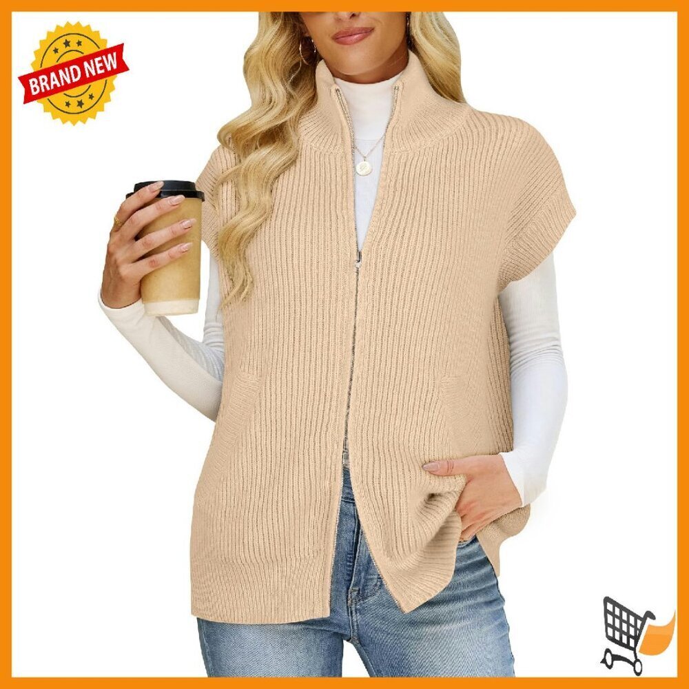 Women's Zip-Up Sweater Vest with Pockets, Cap Sleeve, Lightweight Polyester